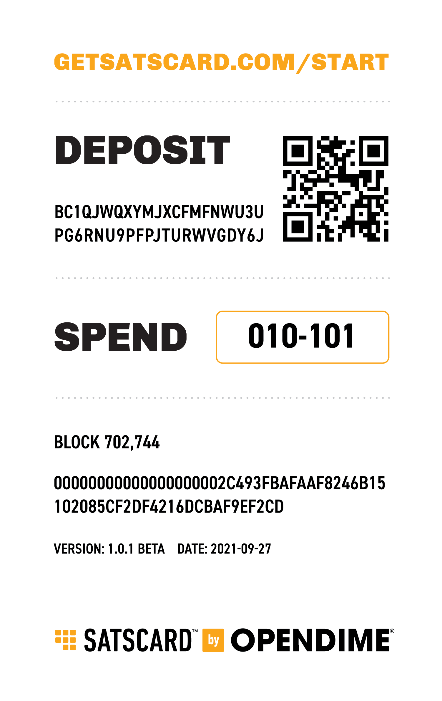 Example of SATSCARD deposit QR code and spend code on the back of the card